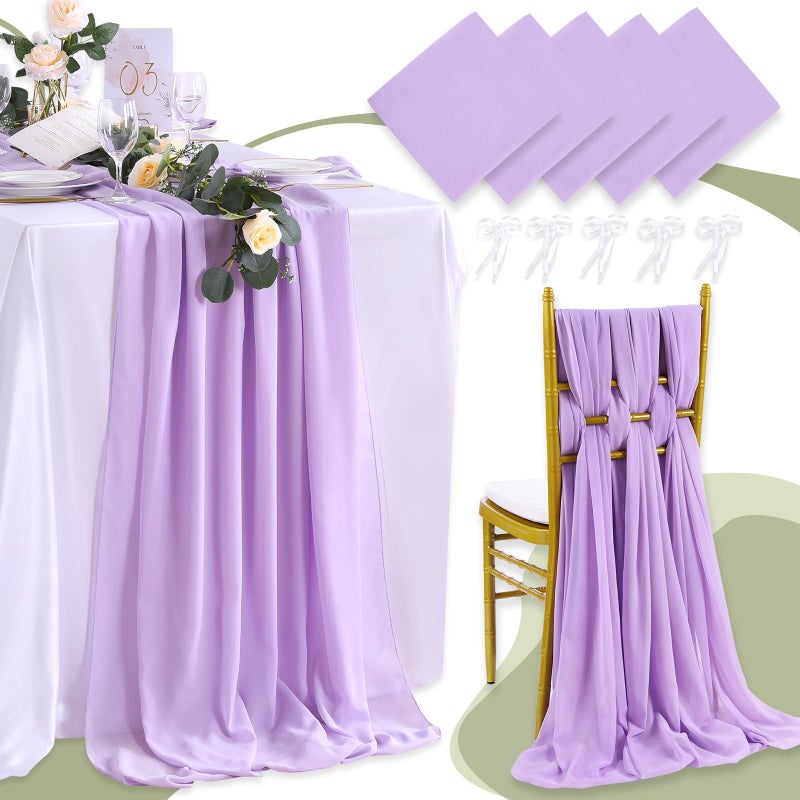 QueenDream 5 Pieces 10Ft Wedding Table Runner Light Purple Chiffon Table Runners Sheer Wedding Arch Overlay Fabric for Birthday Bridal Party Decorations - Image 1